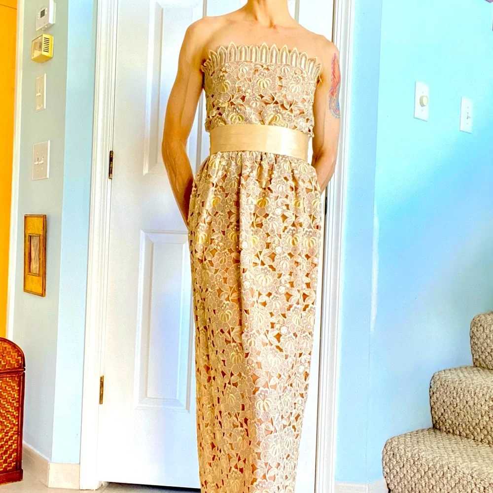 Handmade Design Champagne Lace Strapless Sparkle Gown. - Picture 2 of 9